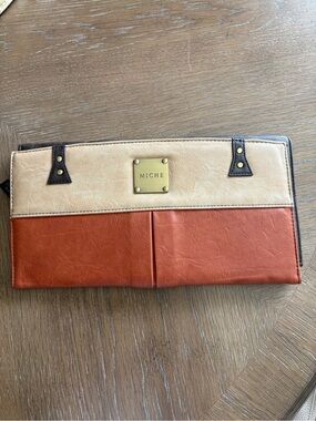 Miche Two-Tone Tan and Rust Orange Wallet Clutch with Brass Plaque